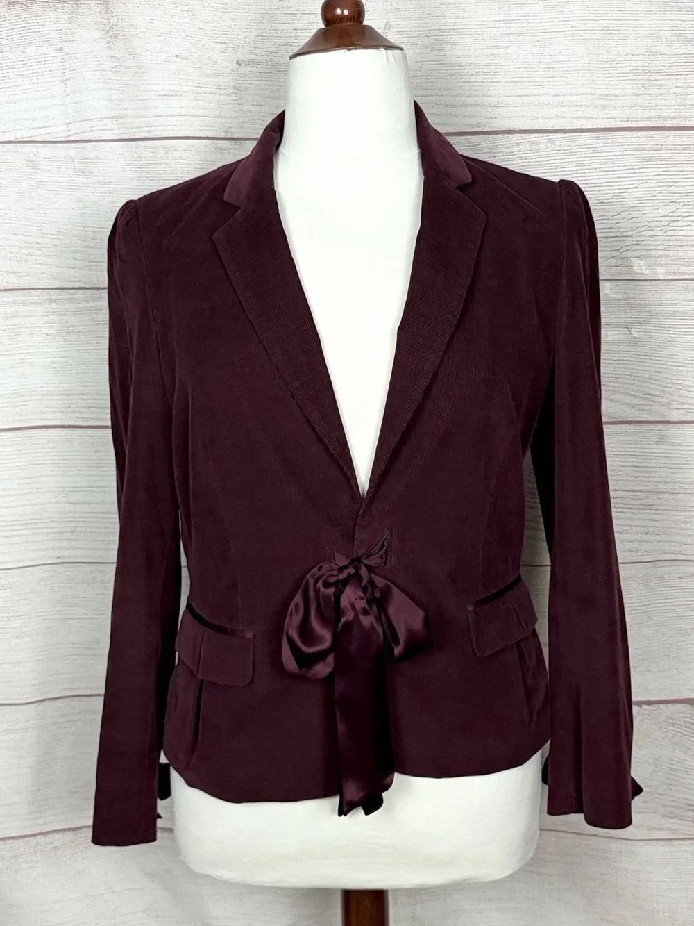 Emanuel Ungaro Wine Corduroy Jacket Satin Bow Tie Front & Sleeves Romantic L